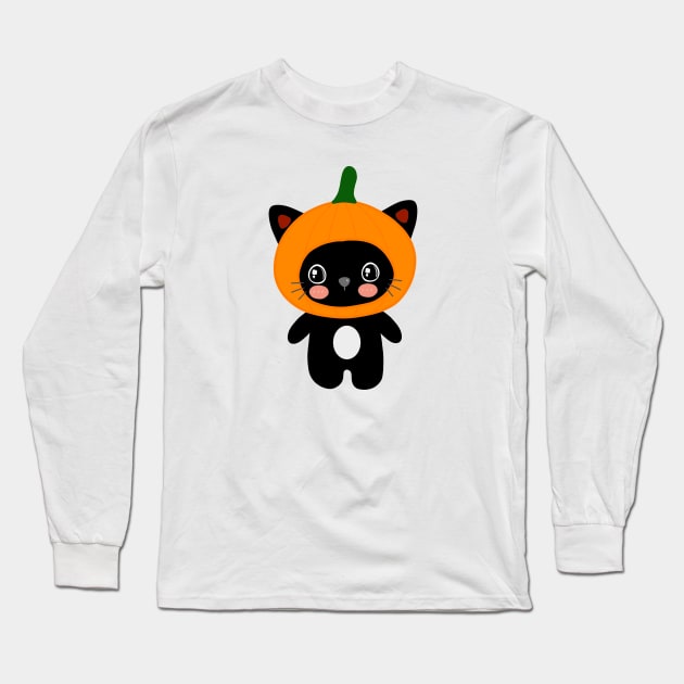 Funny Kawaii Cute Black Cat Pumpkin Halloween Costume Long Sleeve T-Shirt by Illustradise